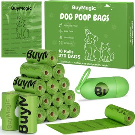 BuyMagic Dog Poo Bags, 270 Extra Thick Poop Bags (18 Rolls) with Dispenser, 100% Leak Proof Dog Waste Bags, Unscented, Large 33×23 cm (Green)