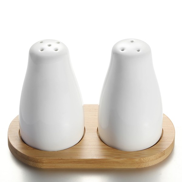 UDQYQ Ceramic Salt and Pepper Shakers Set with Bamboo Tray,2 PCS Modern White Salt & Pepper Shakers,Cute Salt Shaker Pepper Pots for Farmhouse Kitchen Table Décor