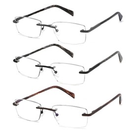JJWELL 3 Pack Reading Glasses for Men Blue Light Blocking, Lightweight Rimless Metal Mens Eyeglasses Readers, Anti Eyestrain/Dryness/Computer Glare/UV 400, Spring Hinge Eyeglasses(150 Strength)
