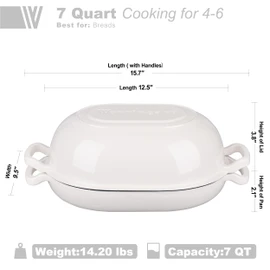 VORRINGARD Enameled Cast Iron Sourdough Bread Oven, Dutch Oven, Loaf Cast Iron Bread Pan for Homemade Bread Baking, Meatloaf Pan with Lid, 7QT, White