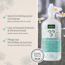 AniForte Vet Kamille Ohrenreiniger Hund, Katze & Pferde 250ml - Schonende Ohr Reinigung, Ohrenschmalz Entferner & natürlicher Ohrreiniger, Beruhigung bei Juckreiz, Entzündung, Infektion & Ausfluss