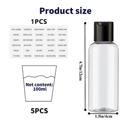 Pack of 5 travel bottles for filling, 100 ml travel bottles, plastic bottles for filling, transparent plastic bottles, empty filling bottles, travel for shampoo, lotion, conditioner and cosmetic