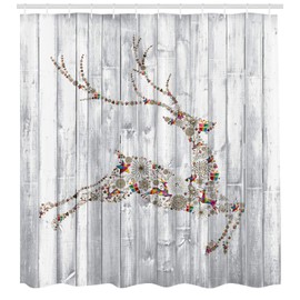 Ambesonne Deer Shower Curtain, Colorful Animal Silhouette Various Christmas Elements Wooden Planks Theme, Cloth Fabric Bathroom Decor Set with Hooks, 69" W x 70" L, Grey Multicolor