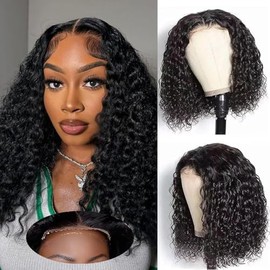 14 Inch Glueless Wigs Human Hair Pre Plucked Pre Cut 5X5 HD Lace Closure Bob Wigs for Black Women Deep Wave Curly Lace Front Wigs Human Hair For Beginners Wear and Go 180% Density