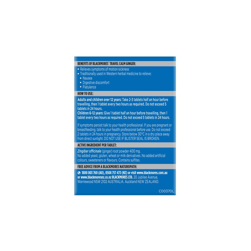 Blackmores Travel Calm Ginger 45 Tablets