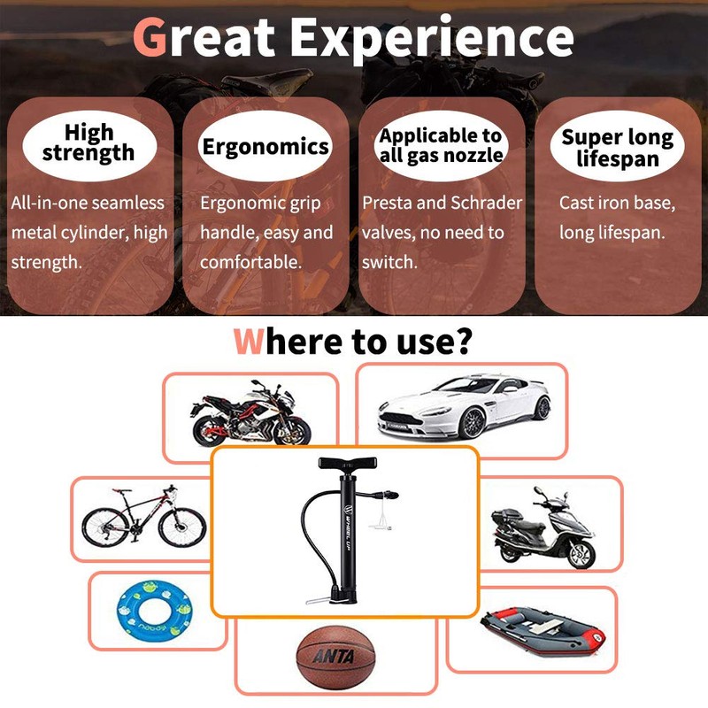 Portable Bike Floor Pump Automatically Reversible Presta & Schrader Valves