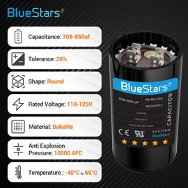 BlueStars 708-850 uf MFD 50/60 Hz 110-125 VAC Volts Round Start Capacitor by Blue Stars - Universal Fit for Air Conditioner and Other Electric Motor Applications - Pack of 1