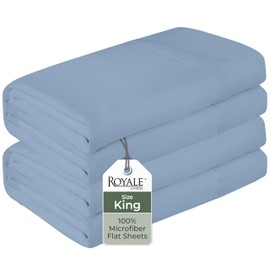 Royale Linens 2 Pack Bulk Flat Sheet Set - Top Sheets - Soft 1800 Microfiber - Wrinkle & Stain Resistant - for Hotel, Massage Table, Hospital, Dorm - King Flat Sheet Sold Separately (King, Lake Blue)