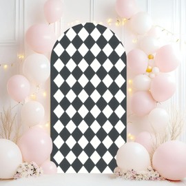Wedding Arch Backdrop Cover 6.6FT Abstract Checkered Seamless Black Diamonds White Spandex Fitted Arch Cover Round Top Stands Cover for Birthday Party Ceremony Banquet Decoration