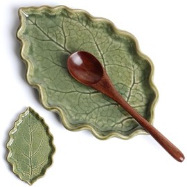 Anoonse - Soporte de cuchara de cerámica para estufa, bonito soporte para cuchara/soporte para cuchara en forma de hoja verde para encimera de cocina, soporte para cuchara de cocina, soporte para