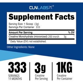 Creatine Monohydrate Powder - 1kg | 200 Mesh Fine Grade Powder, Pure & Mixes Easily | Includes Scoop | Unflavoured | Made in The UK by CLN Labs