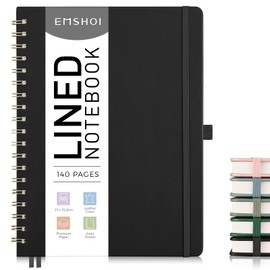 EMSHOI B5 Notebook Lined Journal, 100gsm, PU Leather Hardcover, Sticky Notes, Pocket, Pen Loop, Ruler, Bookmark, 140 Pages Ruled Spiral Notepad for Women Men Writing, 19 x 25.8cm, Black