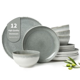 Pokini Gradient Green Stoneware Dinnerware Sets, 12 pcs Reactive Glaze Plates and Bowls Sets, Handmade Ceramic Round Dishes Set for 4, Highly Chip and Crack Resistant Modern Plate Set