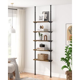 ALLZONE 5 Tiers Narrow Bookshelf, Tall Adjustable Ladder Book Shelf with Open Storage, Floor to Ceiling Tension Mount, Wooden Industrial Bookcase for Living Room, 92 to 116 Inch, Brown