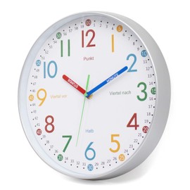 K&L Wall Art Learning Clock Children's Wall Clock without Ticking Noises Modern Children's Clock Boys Silent Girls Clock Silver Grey 30 cm