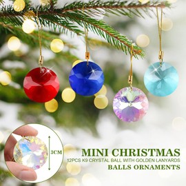 LACGO 12 Pcs Crystal Christmas Tree Ornaments, Prism Flower Christmas Tree Decorations, 3 cm Crystal Suncatcher Hanging Ornaments for Wedding Party Windows Xmas Tree Decorations(Multicolor, Oblate)