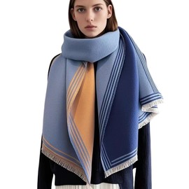 WaJuemy Winter Scarf for Women Dressy Evening Pashmina Shawl Wraps Open Front Poncho Blanket Fashion Travel Scarves Shawls Cape Wrap (01 Blue/Khaki)