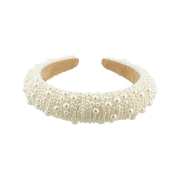 LUX ACCESSORIES Off White Faux Pearl embellished Statement Puffer Headband