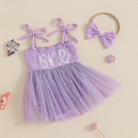 LYSINK Baby Girl 1st Birthday Outfit Sleeveless One Letters Tie-Up Tulle Romper Dress with Bow Hairband Infant Summer Clothes (Bi Purple, 12-18 Months)