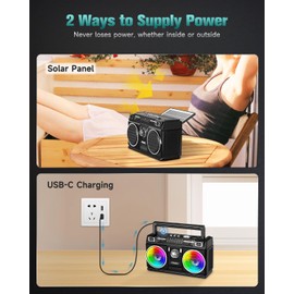 PRUNUS 750 AM FM Radio Portable with Bluetooth Speaker, USB TF Card Playing, Solar/USB-C Rechargeable Radios, Double Speaker, Colorful Light, Transistor Radios Portable AM FM, Bluetooth Radio