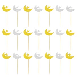 Bohue 21Pcs Eid Mubarak Cupcake Topper Glitter Moon and Star Ramadan Kareem Party Decorations Islamic Muslim Party Decorations Party Supplies