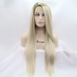 Xiweiya Long Hair Blonde Lace Front Wigs With Brown Roots Silky Straight Synthetic Lace Front Wigs Side Part For Women Heat Resistant Wigs Half Hand Tied 180% Density 24 Inches