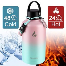 64oz Botella Térmica de Acero Inoxidable de 2 Litros, Termo Grande para Agua Fría de Metal para Mantener Frío, con Pajita y 3 Tapas para Gimnasio, Dep