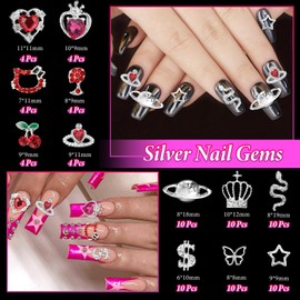 84 Pcs Silver Nail Charms Gems, 12 Styles Heart Cherry Cat Red Nail Rhinestones Charms, Butterfly Crown Dollar Star Snake Planet Nail Jewelry Charms for Nail Art DIY Accessories