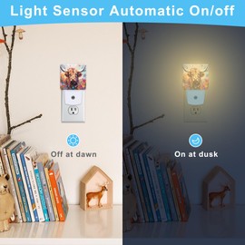 KXWQTRDD Highland Cow in Flowers Night Light Plug into Wall,Night Lights with Dust to Dawn Sensor,Auto Turn on and Off,Glow Nightlight for Bathroom,Bedroom,Kitchen,Stairs,Hallway