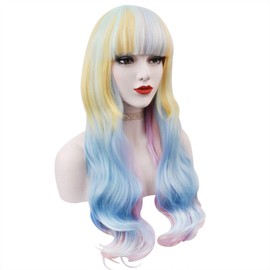 Winrase Multi-color Long Wavy Curly Wig Flat Bangs Women Girls Cosplay Wig for Party or Festival with Wig Cap (Rainbow B)