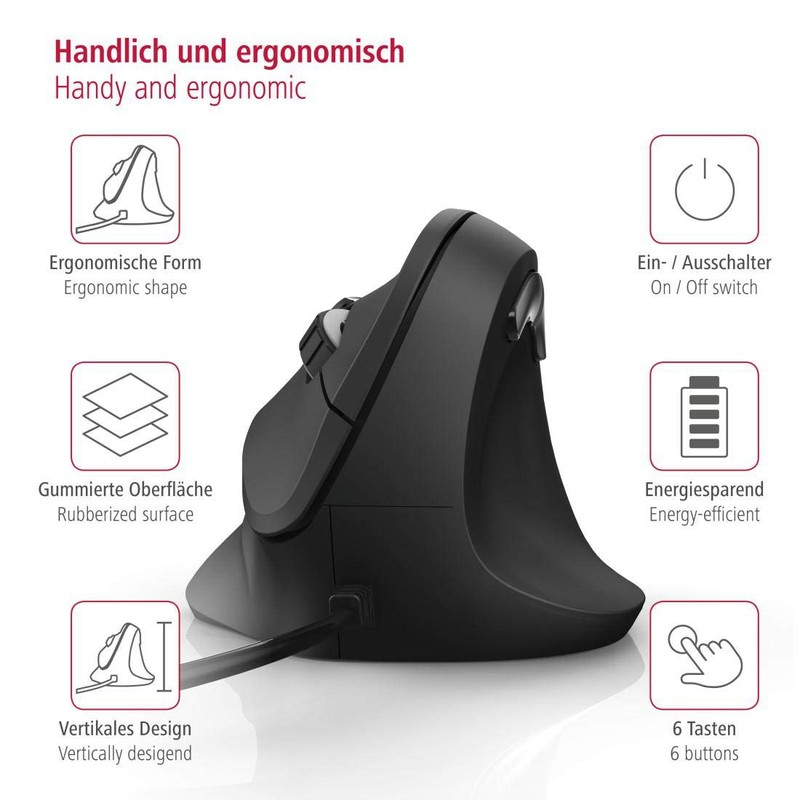 Hama 182698 | Vertical Ergonomic Mouse Anti Strain | Black
