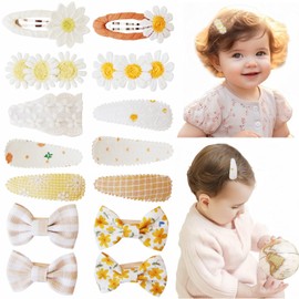 KAQILE Pack of 14 Girls Hair Clips Hair Bows Hair Accessories Daisy Flower Design Cotton Linen (Yellow)