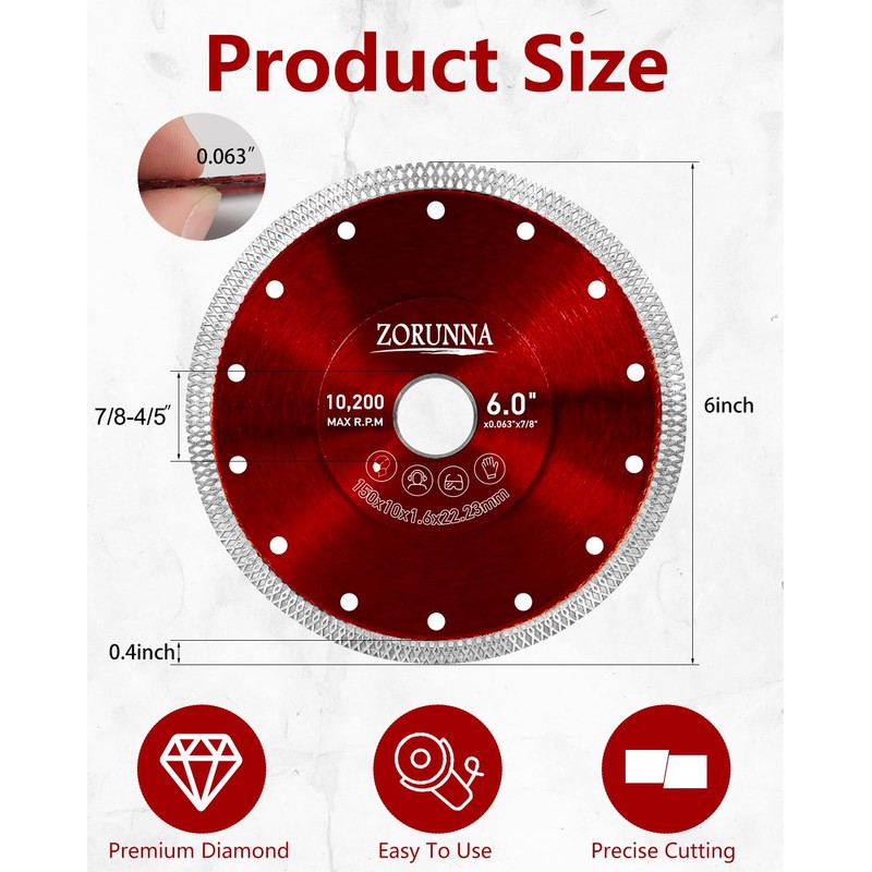 ZORUNNA 2Pcs Diamond Saw Blades, 6" Tile Grinder Cutter Blade,