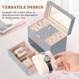 Jewelry Box for Women,Jewelry Organizer 4 layers 3 Drawers with Glass Lid Necklace Holder for Necklaces Jewelry Storage Rings Earrings Bracelets Watch Mother Day Gift for Mom 8.4x5.9x9.8 Inch,Gray