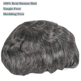 Vennsian Ultra Thin Skin Men's Toupee 8x10 Inch Hairpiece for Men 0.03mm PU Base 100% European Human Hair V-Looped Natural Hairline Light to Medium Density (1B Black with 20% gray hair, 10x8 INCH)