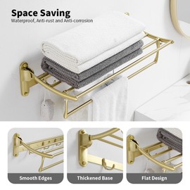 BESy 24 Inch Brushed Gold Towel Racks, Bathroom Towel Shelf with Foldable Towel Bar Holder and Towel Hooks, Wall Mounted Multifunctional Bathroom Accessories, Double Towel Bars