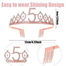 5th Birthday Decorations for Girls,Rose Gold Glitter Sash & Rhinestone Crown for 5 Year Old Girl Birthday Decor,Ideal Princess Gifts and Accessories for Little Birthday Girl