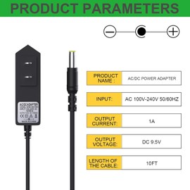 9.5V 1A Power Adapter Compatible with Casio Piano Keyboard LK-120 LK-125 LK-127 LK-160 LK-165 LK-240 LK-247 LK-280 CTK-240 CTK-245 CTK-1100 CTK-1150 CTK-1200 CTK-2080 CTK-2300 SA Series(10FT)