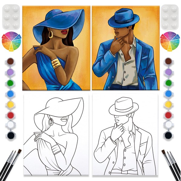 2 Pack Paint and Sip Canvas Painting Kit Pre Drawn Canvas for Painting for adults Stretched Canvas Couples Games Date Night Afro Elegant Gentleman and Lady Couple Paint Party Supplies Favor
