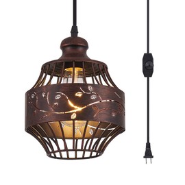 YLONG-ZS Plug in Pendant Lights with 16Ft Hanging Cord and On/Off Dimmer Switch, Upgraded Industrial Metal Swag Ceiling Lamp for Dining Room, Kitchen Hallway,Dark Bronze Finish