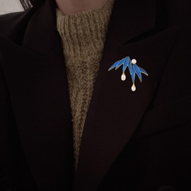 Peasimy Bamboo Leaf Pearl Brooch for Women Girls Enamel Leaves Lapel Brooch Pin Dress Accessories Wedding Party Birthday Graduation Jewelry Gift for Mother Wife (Blue)