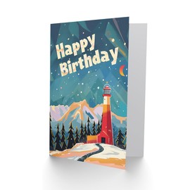 Artery8 Lighthouse Winter Mountains Man Birthday Card