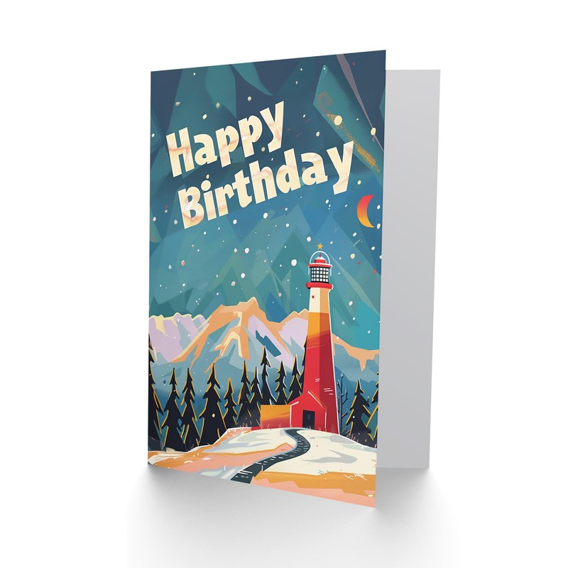 Artery8 Lighthouse Winter Mountains Man Birthday Card