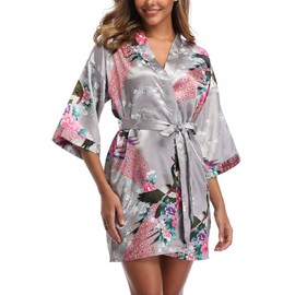 Women's Satin Kimono Robes Peacock and Blossoms Printed Bridesmaid Wedding Nightgown Sleepwear Grey