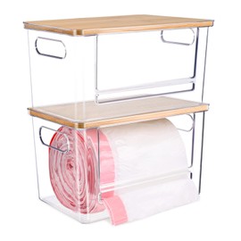 Hiitytin 2 PCS Trash Bag Dispenser Roll Holder, Trash Bag Holder Dispenser with Bamboo Top & Handles, Extra Large Garbage Bag Holder Dispenser Trash Bag Organizer Under Sink