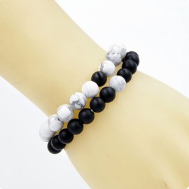 Looyar Couples Bracelet His and Hers Distance Bracelet Black Matte Agate & White Howlite 8mm Beads Bracelet (1#)