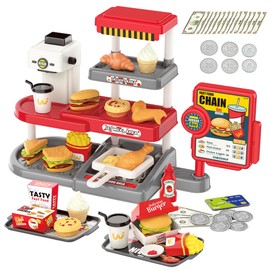 Cash Register Toy for Kids - Pretend Play Fast Food Store & Kitchen with Play Money, Sound and Credit Card - 71 Pcs Play Food Sets Kitchen with Burgers, Wings and Fries, Toy Till for kids Ages 3-8