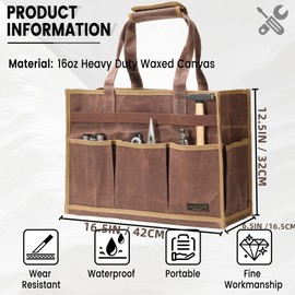 Tool Bag, Heavy Duty 16oz Waxed Canvas Water-Resistant Tool Pouches, Tool Tote with Handle for Tools, Wrenches, Screwdrivers (15.5 X 5.9 X 11.5 inch) | Brown