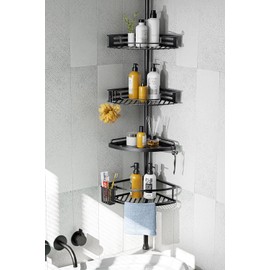 HAMITOR Corner Shower Caddy Tension Pole: Quick Installation 4-Tier Rustproof Bathroom Organizer Shelves for Bathtub Shampoo Storage - 47-121 inch Adjustable Floor Standing Bath Rack Holder - Black