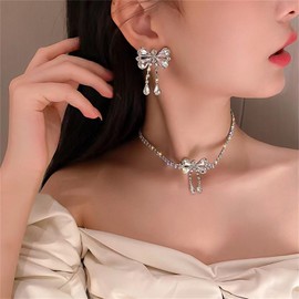 Rhinestone Bow Butterfly Choker Necklace Bow Dangle Ear Studs Earrings Jewelry Set for Women,Sparkly Crystal ribbon Chain Necklace Fashion Christmas Jewelry Gift (Silver)